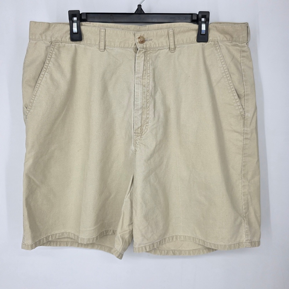 LL Bean Tropic Weights Mens Khaki Tan Cotton Linen Flat Front Shorts Size 38